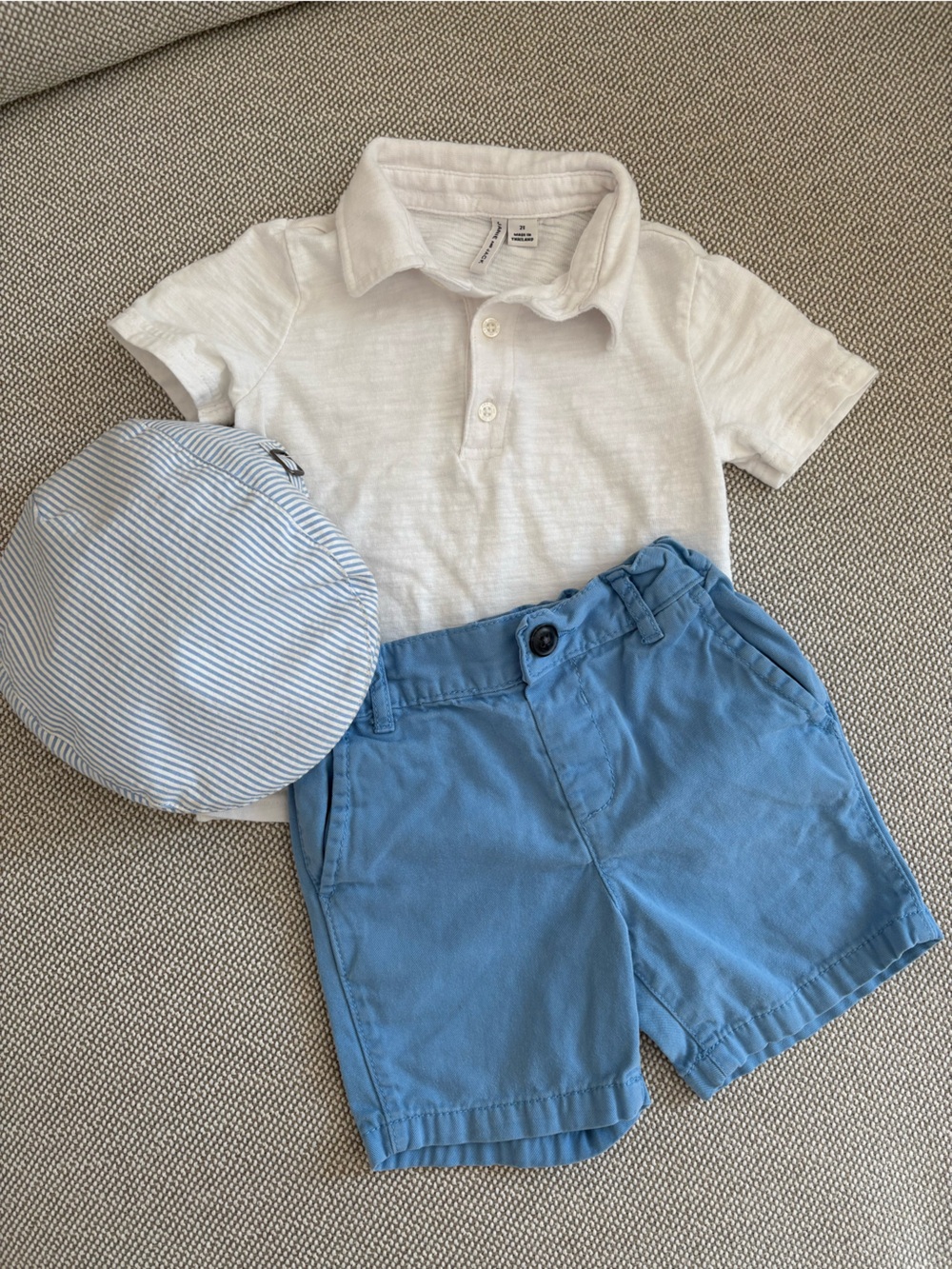 Janie and Jack White Polo, Light Blue Shorts & Blue-Striped Cap Set